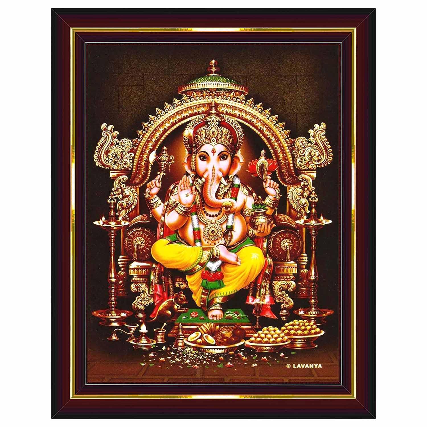 Pavan Photo Laminations Lord Ganesha Ganesh Ganpati Ganapathi Hanging Wall Painting Framed Home Decor (Wood,Matte,Brown,Small Si